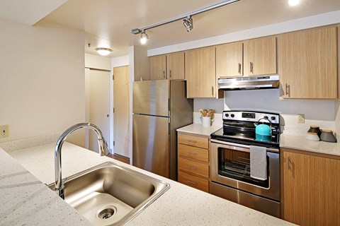 a kitchen with stainless steel appliances and a sink